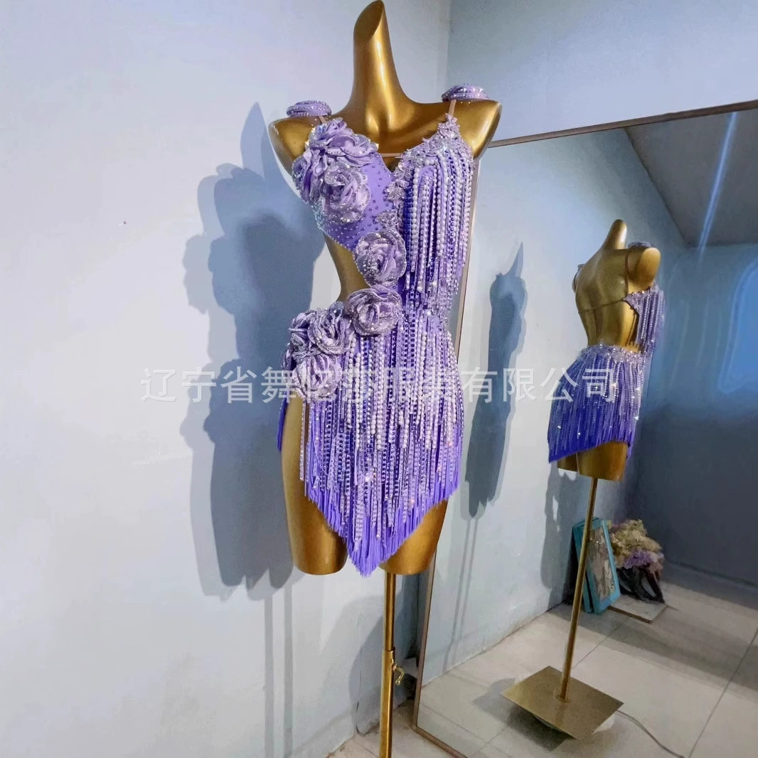 Латинская танцевальная одежда Фиолетовая розовая кисточка Конкурс цветочных костюмов для взрослых