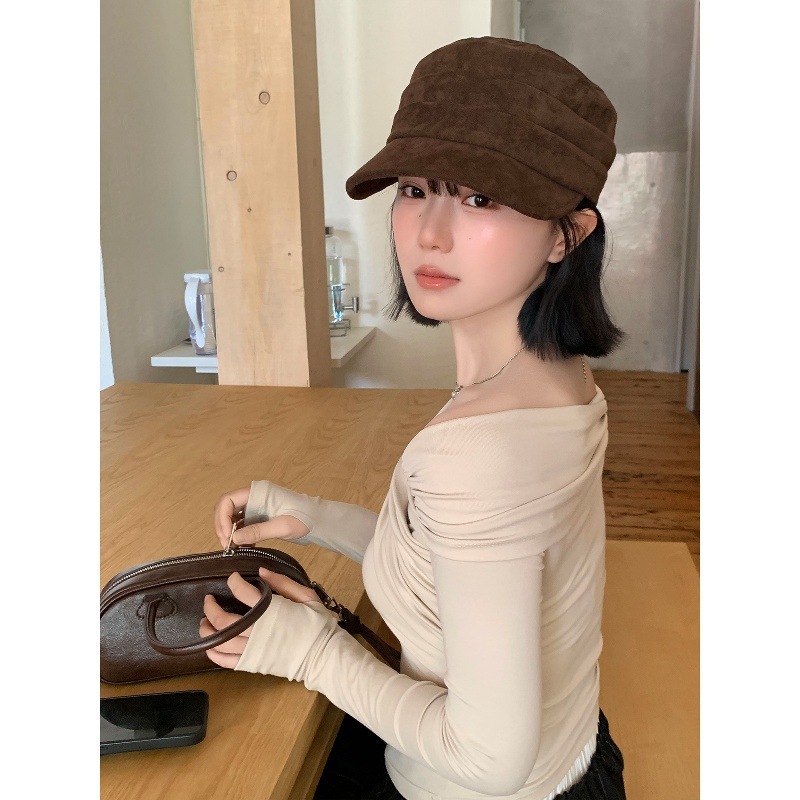 日式复古麂皮褶皱宽檐贝雷帽女时尚文艺大头围显脸小平顶马术帽子|undefined
