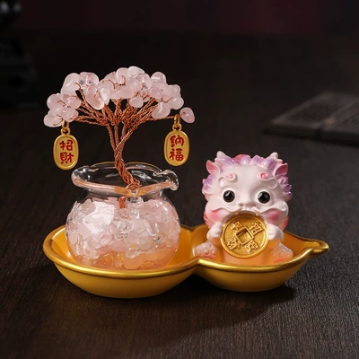 Car ornaments Set Car Ornament Creative - pink-copper-coin-pixiu-pink-crystal-tree-gourd-base