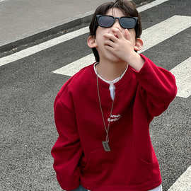 男童韩版红色拼接卫衣中大童春季新款撞色运动风洋气百搭长袖上衣