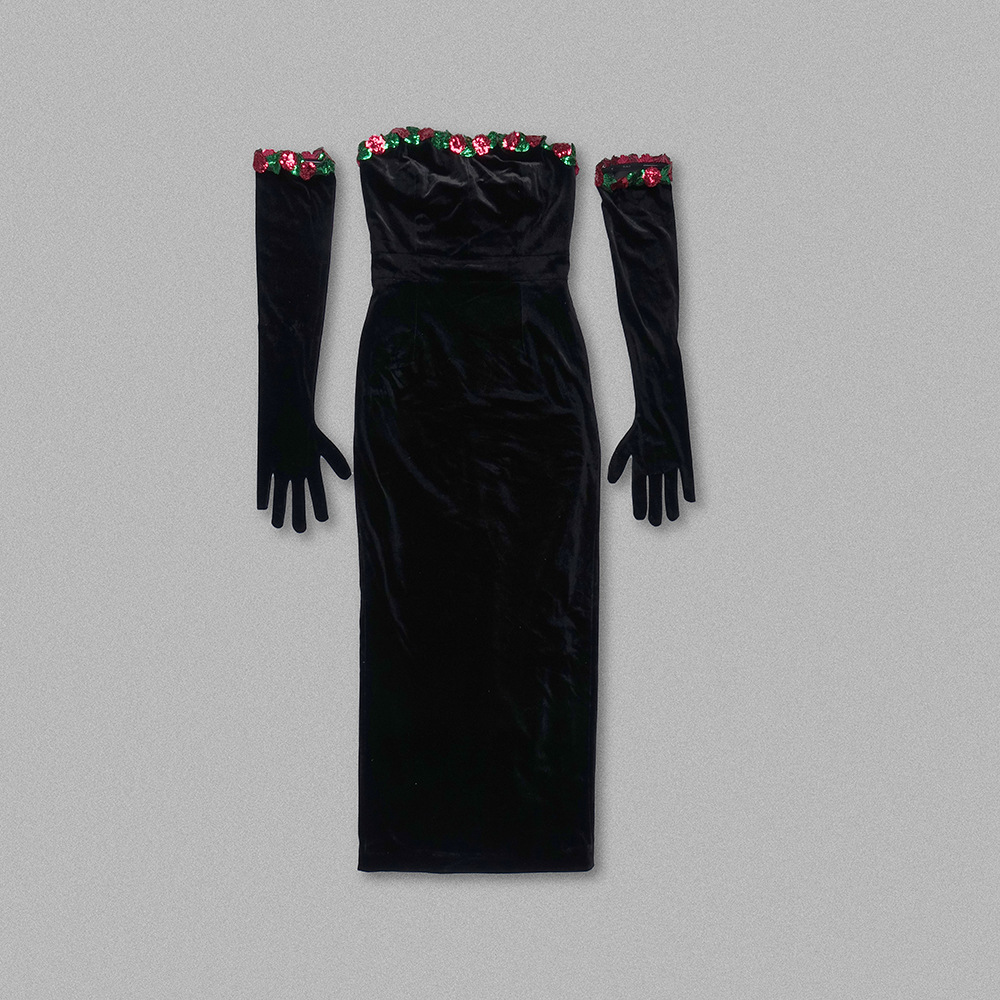 Women's Clothing Beaded Lace Decorated Velvet Skirt Dress Long Skirt with Gloves_voghion.com