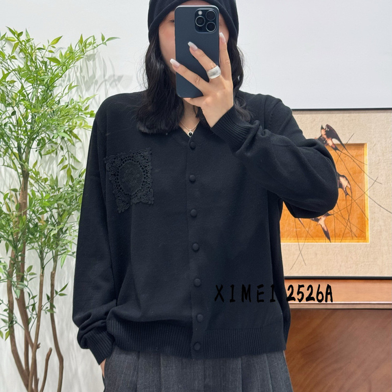 秋季新品V领针织开衫洋气蕾丝贴布上衣女宽松长袖外套|undefined