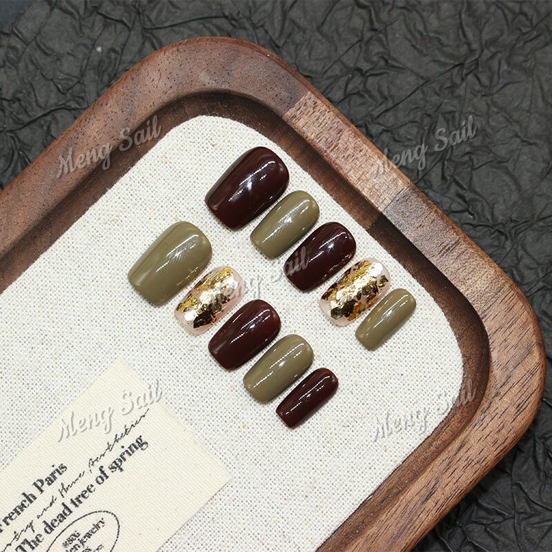 【Textured Khaki】Purely Handmade Wearable Nails, Maillard Autumn and Winter Exquisite Nail Art, Short Glitter Wearable Nails