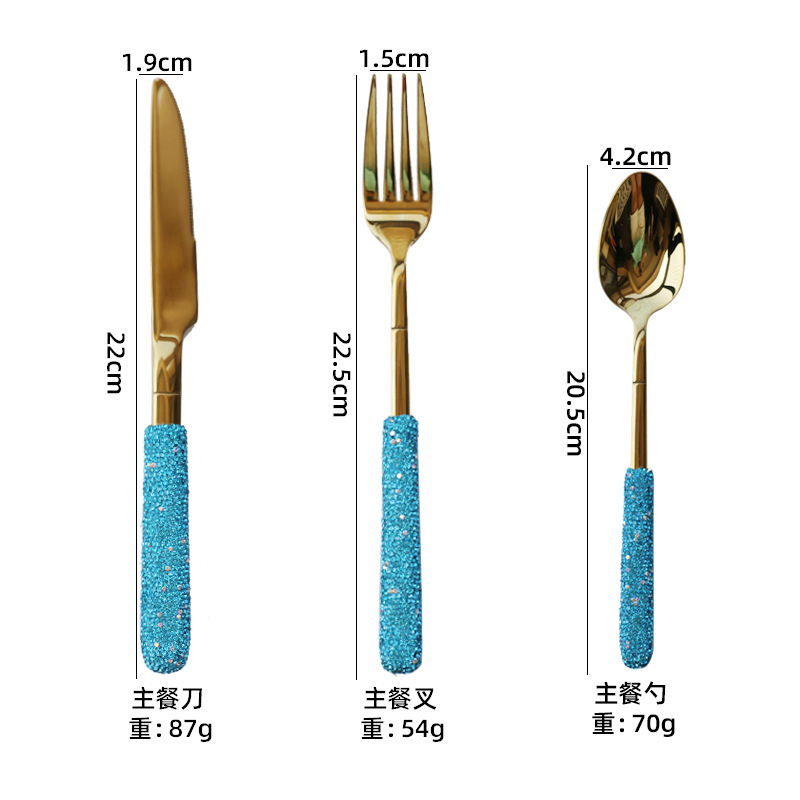 Diamante azul de lujo suministros para el hogar creativo cuchillo de carne y tenedor Vajilla de acero inoxidable estilo ins hogar cuchillo de diamante, tenedor y cuchara