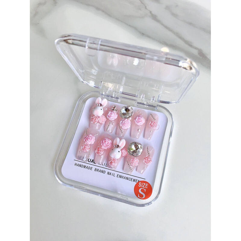 [original Real Shot] Handmade Wearable Nails Internet Celebrity New Manicure Imitation Porcelain Jade Rabbit Pink Camellia Creative Cute Pet