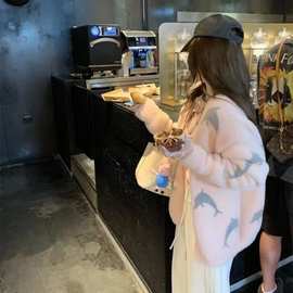 小香风仿水貂绒海豚开衫毛衣女软糯秋冬v领针织衫韩系外套慵懒风