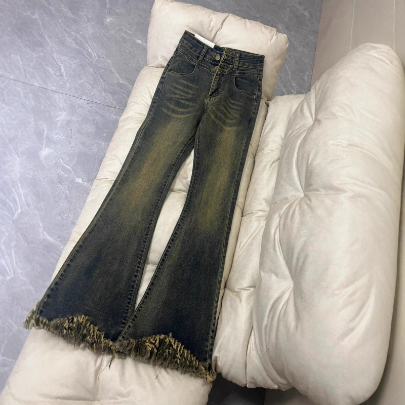 双扣流苏水泥灰微喇牛仔裤女潮流百搭春秋款高腰毛边怀旧拖地长裤|undefined
