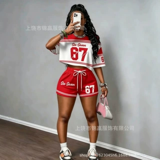 跨境新款两件套 字母印花露脐 T 恤满印豹纹居家短裤套装