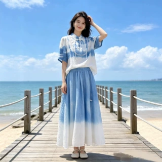 云南大理批发手工纯植物板蓝根蓝染扎染旅游度假百搭女连衣裙套装