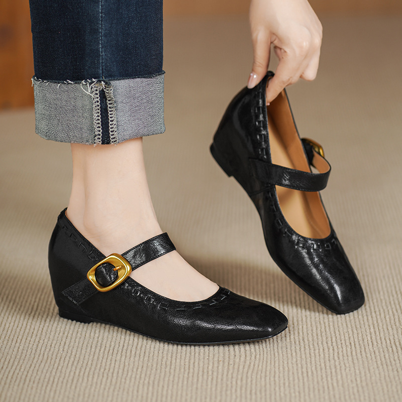 Giày Mary Jane nữ quai ngang da cừu gót thô 5 cm phong cách Pháp cổ điển — đen
