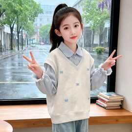 女童假两件卫衣春秋款2026新款儿童衬衫领上衣秋装女孩洋气polo衫