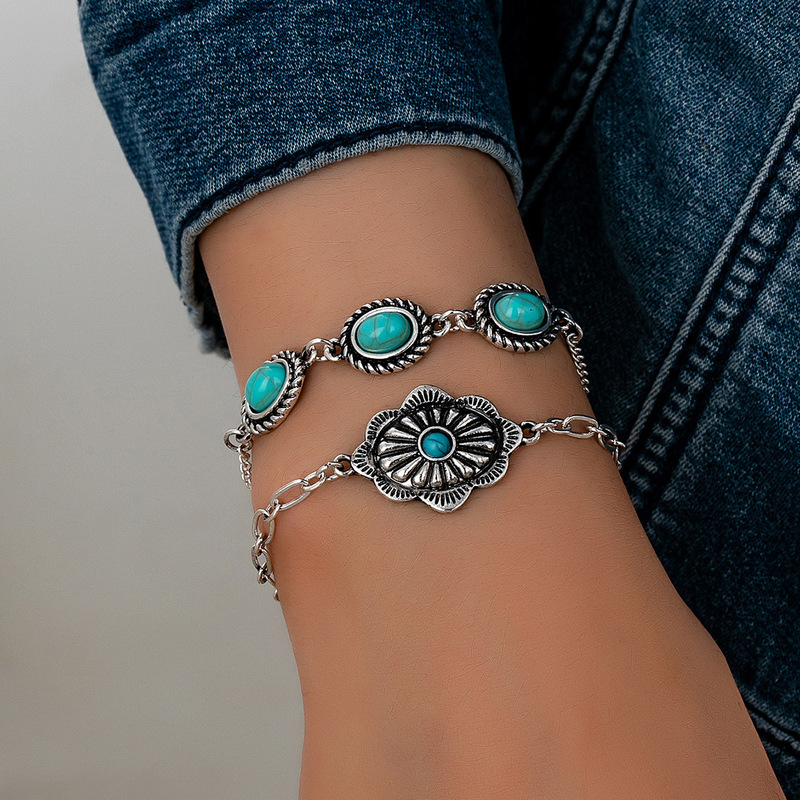 New Cross-Border European and American Literary Retro Ethnic Style Yunnan Vacation Accessories Imitation Turquoise Bracelet Set with a Sense of Design