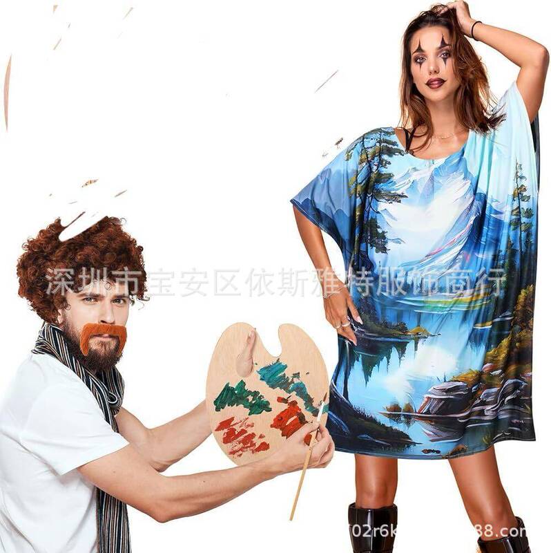 Halloween Couple Costume Set 80S Landscape Painter Costume Female Artist Painting Tree Dress Painting