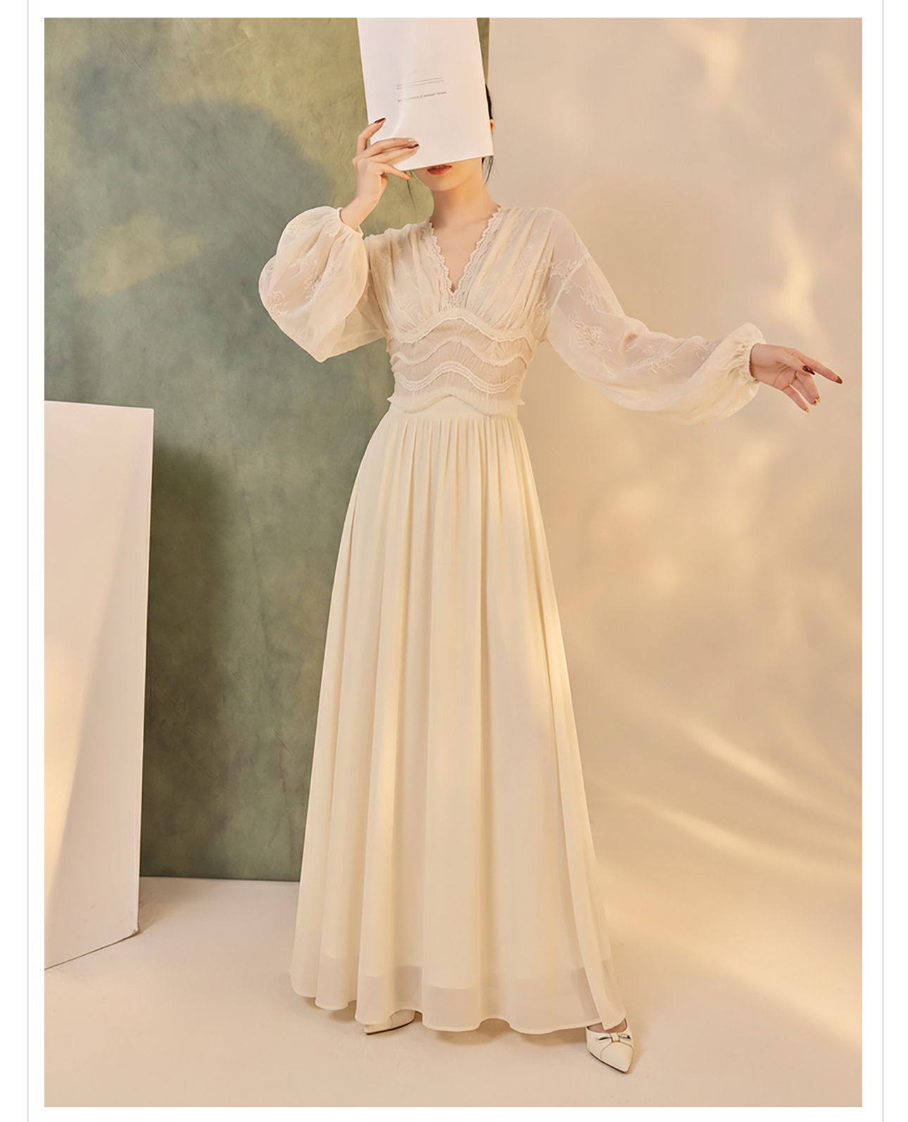 Váy maxi ren thêu lưới tay phồng lồng đèn cổ V thắt lưng dáng suông — áo, bộ đồ, nửa váy chi tiết 9