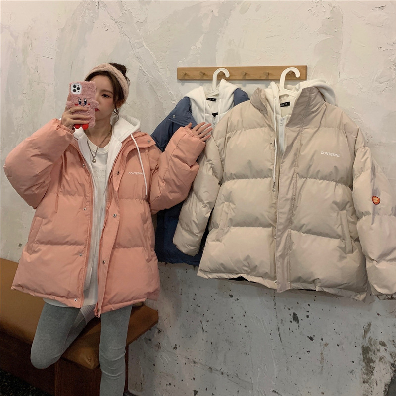 2025 nueva ropa de algodón de pluma de invierno de mujeres estudiantes falsos dos piezas de ropa de pan con capuz suelta chaqueta de algodón abrigo grueso image 4