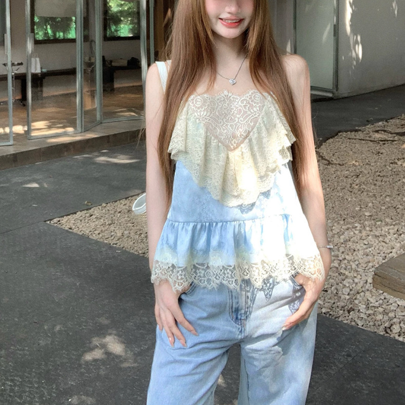 Lace Fantasy / Nazha-Style Lace Satin Floral Blue Camisole Top with a Gentle and Stylish Design