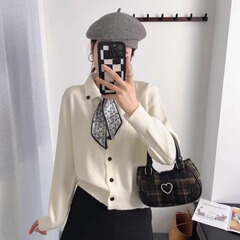 2025新款法式知性简约polo领配丝巾小飞袖针织衫女休闲时尚百搭显