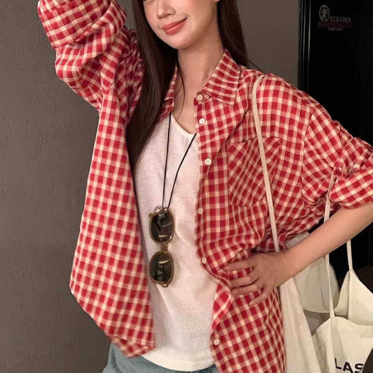 红色格子衬衫法式开衫衬衫女春夏季新款长袖宽松百搭衬衣上衣外套
