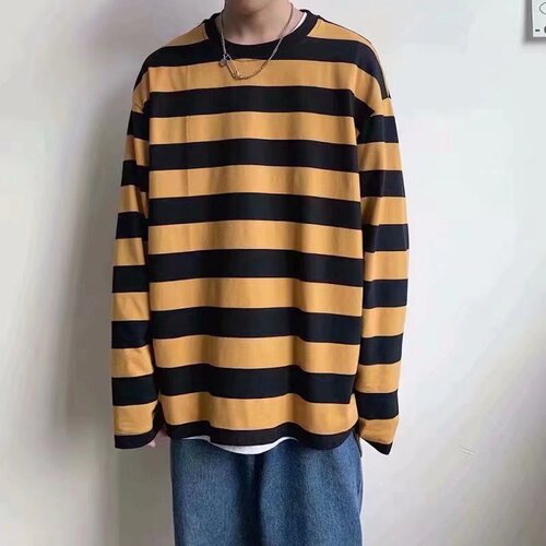 New long-sleeved T-shirt, men's Korean trend round neck striped clothes, autumn and spring loose casual sweaters
