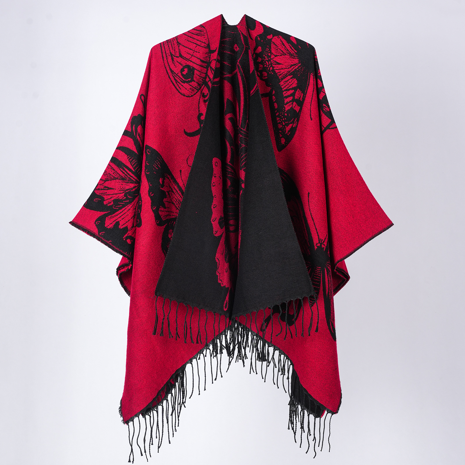 Nuevo chal versátil de mariposa grande para otoño e invierno, bufanda-capa con borlas y jacquard a rayas, moderno y cálido._voghion.com