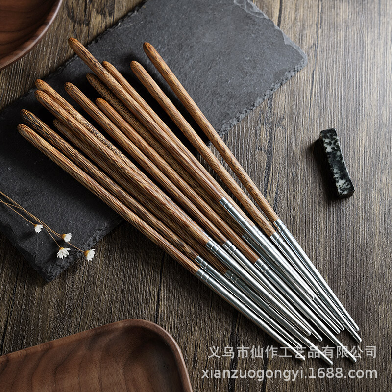 @ Xiao Mu Xian Stainless Steel Chopsticks 304 Household Light Luxury Non-slip Rosewood Chicken Wing Wood Non-lacquer Non-wax High-grade Wooden Chopsticks