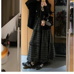 慵懒风长袖宽松外套女2025秋季格子背心连衣裙时尚两件套