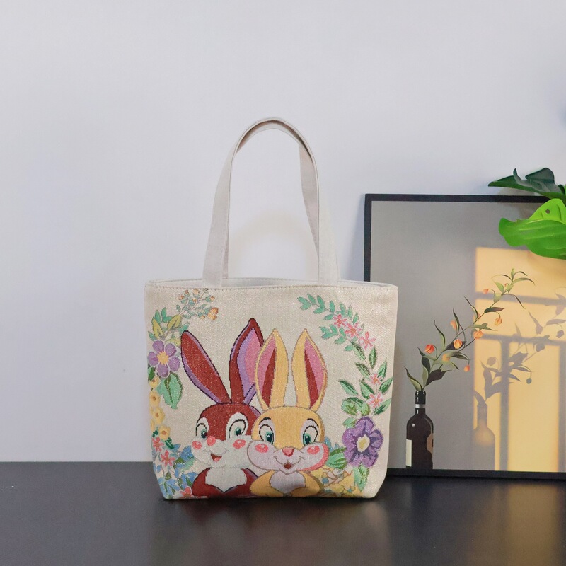 ゴールデンワイヤーかわいい新しい刺繍ショルダーバッグ仕事用両面キャンバスバッグ耐久性のあるキャンバスバッグウサギのポータブルバッグ送料無料|undefined