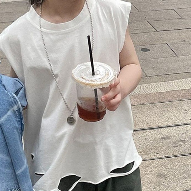 Children's Casual Sports Sleeveless Vest with White Holes in Summer Korean Style Western Style Comfortable T-shirt Top Fashionable A