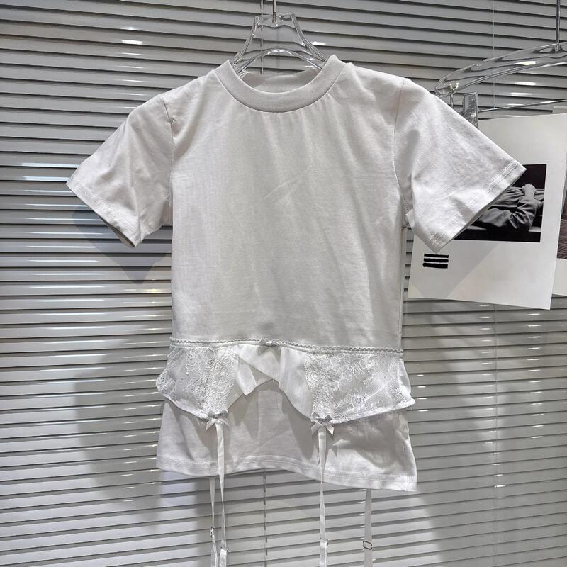 Cross-Border 2025 Summer New Style Sweet and Cool Spicy Girl Lace Trim Tie Design Short-Sleeve T-Shirt for Women