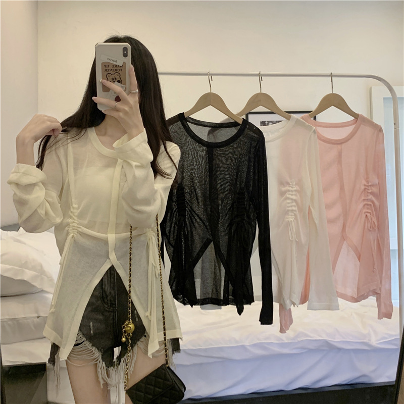 Drawstring Ice Silk Sun Protection Clothing Waist Slimming Knitwear Women's Summer Thin Long-sleeved Split T-shirt Perspective Blouse Top