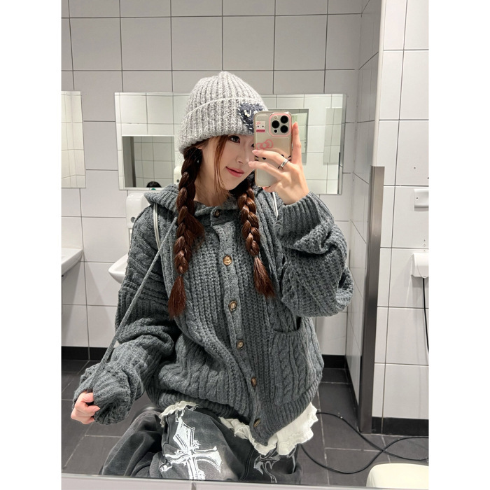 美式复古麻花连帽毛衣开衫女2025秋冬慵懒风针织衫女上衣外套ins|undefined