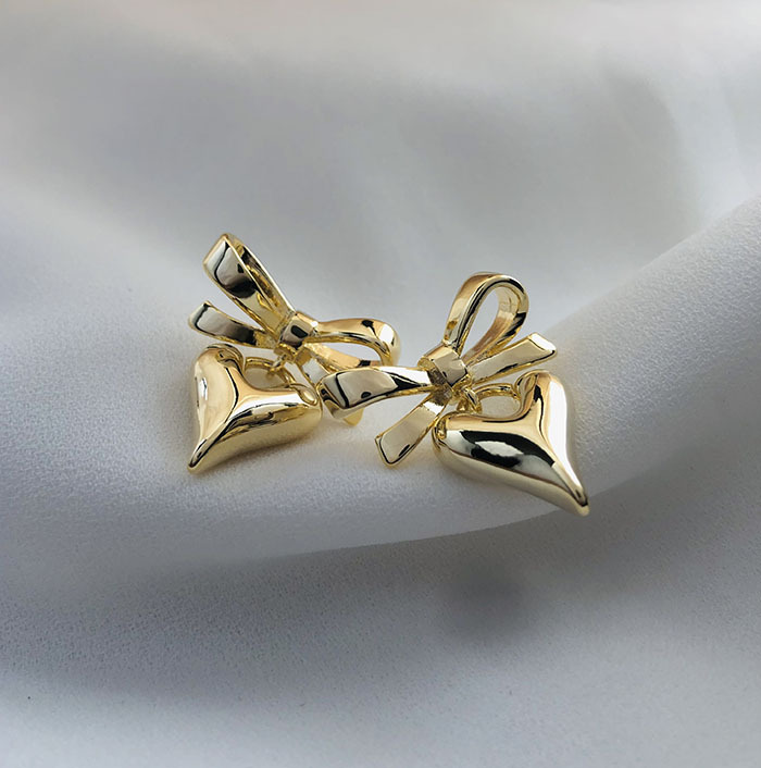 Daily Occasion 1 Pair Simple Style Heart Shape Bow Knot Copper 18K Gold Plated Drop Earrings