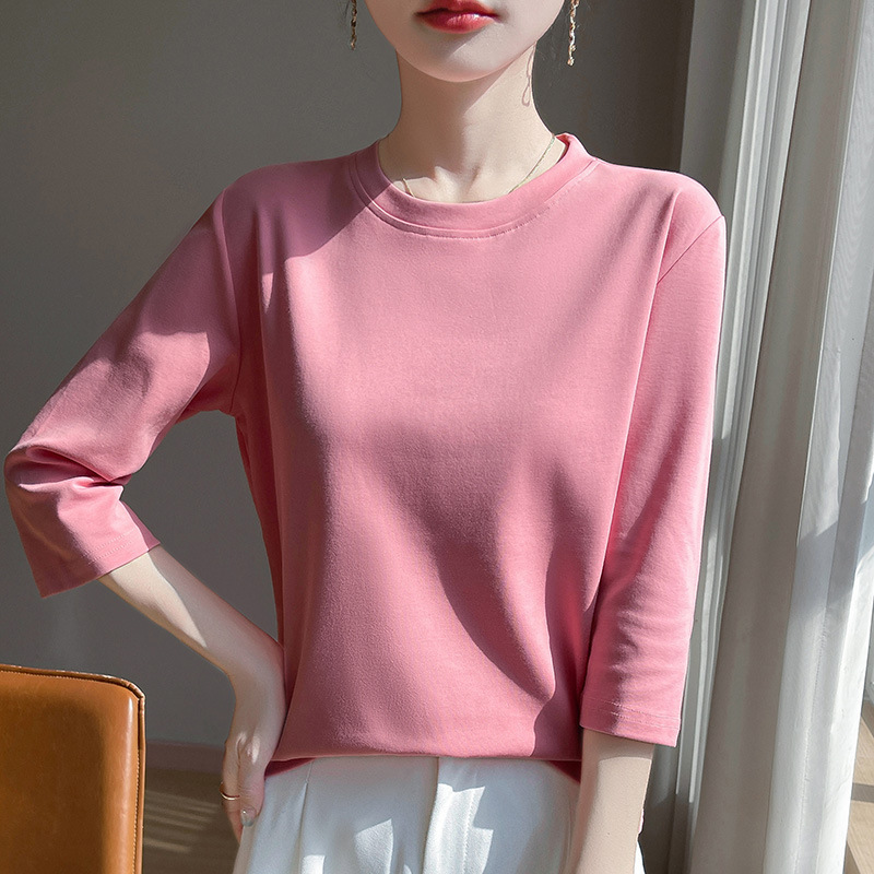 Round Neck Cool Cotton Three-Quarter Sleeve T-Shirt for Women Spring and Summer New Style Casual Cotton Bottoming Shirt with Breathable Top