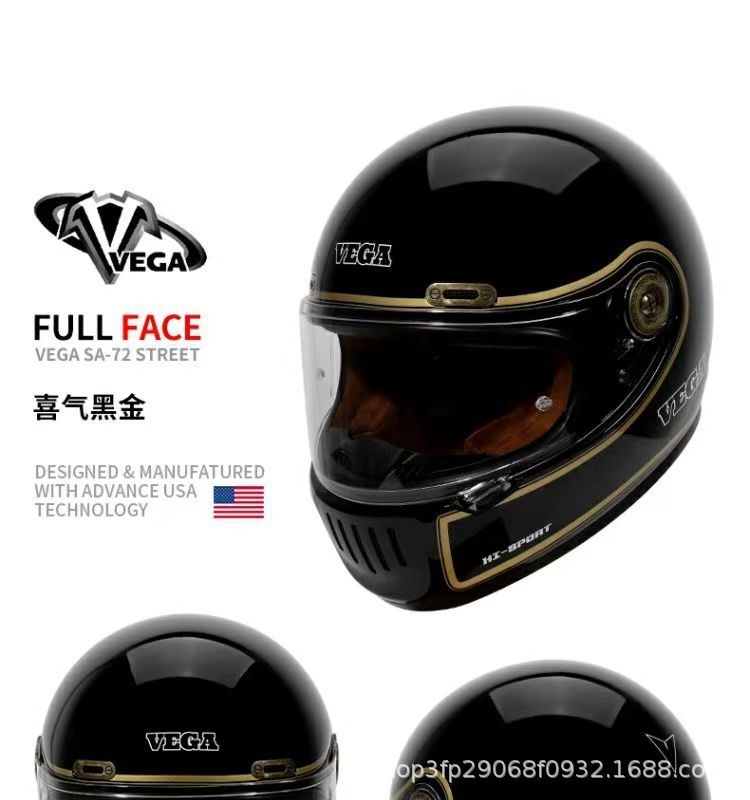 American Vega Motorcycle Retro Helmet, Full-Face Helmet for Men and Women, Motorcycle Cruising Helmet, Four-Season Bluetooth, National Trend 3C, Glossy Black