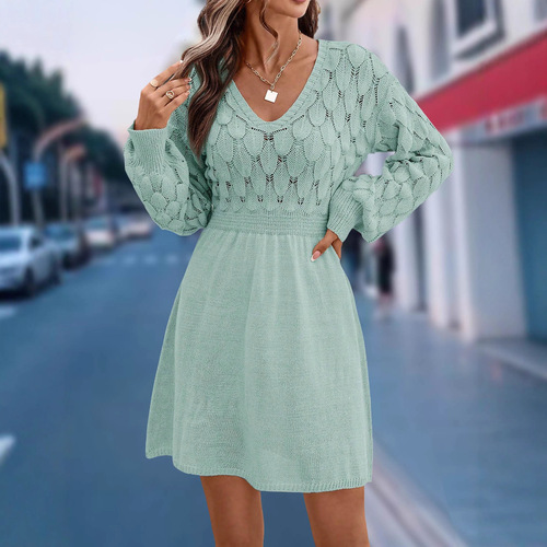 Dress Scales pattern three-dimensional crocheted new European and American V-neck beach dress A-line skirt long-sleeved dress
