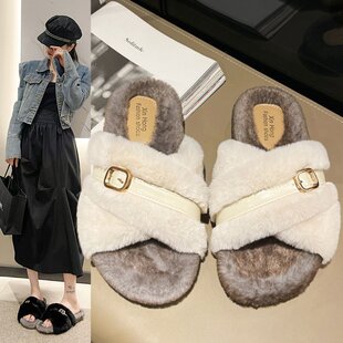 2024 Autumn and Winter New Internet Celebrity Maomao Slippers Women's Korean-style Ins Casual Slippers Outer Wear fleece-lined Cotton Slippers All-match