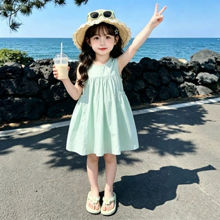 女童薄荷绿色无袖背心连衣裙子夏季2026新款巨好看特别漂亮长裙潮