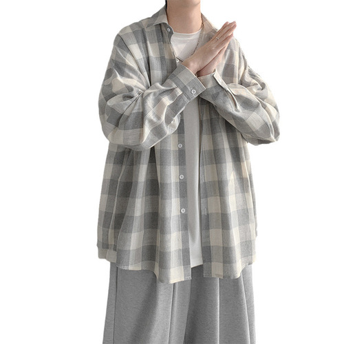 Men's Long Sleeve Grid Shirt in Autumn, Ins Style, Hong Kong Gangster Chic, Casual Collar Shirt, Korean Version, Trendy, Versatile Design, Small Shirt