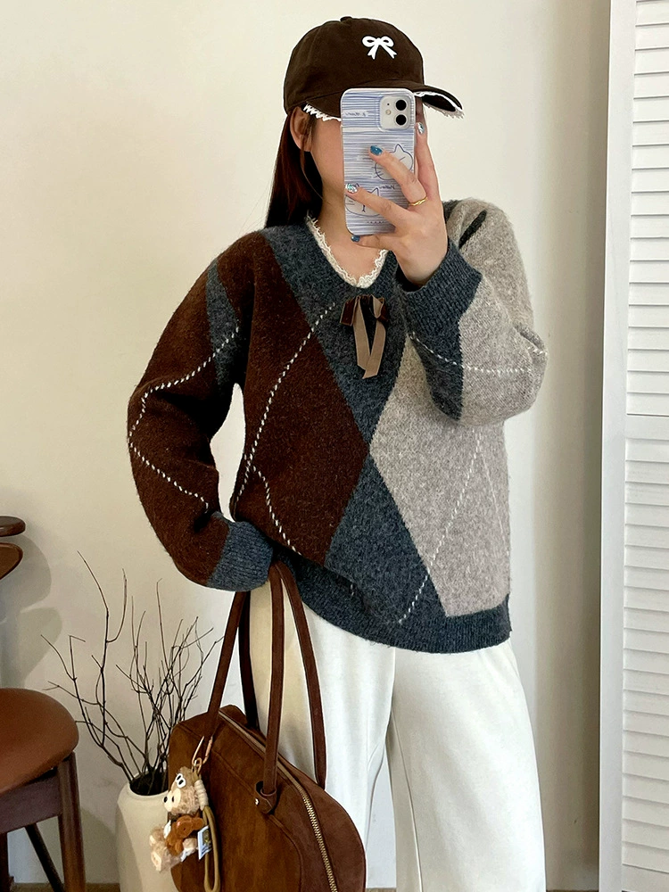 Стеганая куртка, цветной вязаный свитер для отдыха, плюс сайз, oversize
