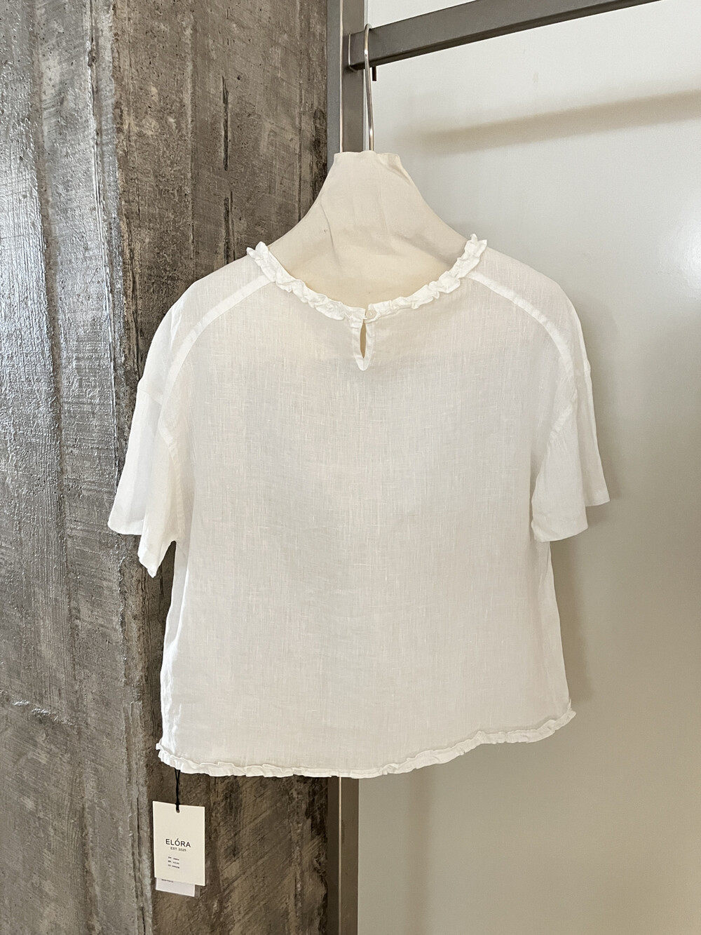 Áo sơ mi ngắn tay cổ tròn chất liệu linen phối ren bèo nhún — trắng ngà, Xanh nước biển, màu hồng, Vàng nhạtcolor chi tiết 20