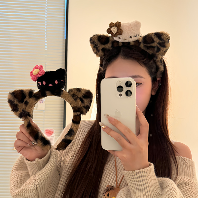 Hermoso leopardo gatito peluche casero lavado de la cara de la niña de la cabeza de la banda de maquillaje máscara de presión de cabello joyas de cabello