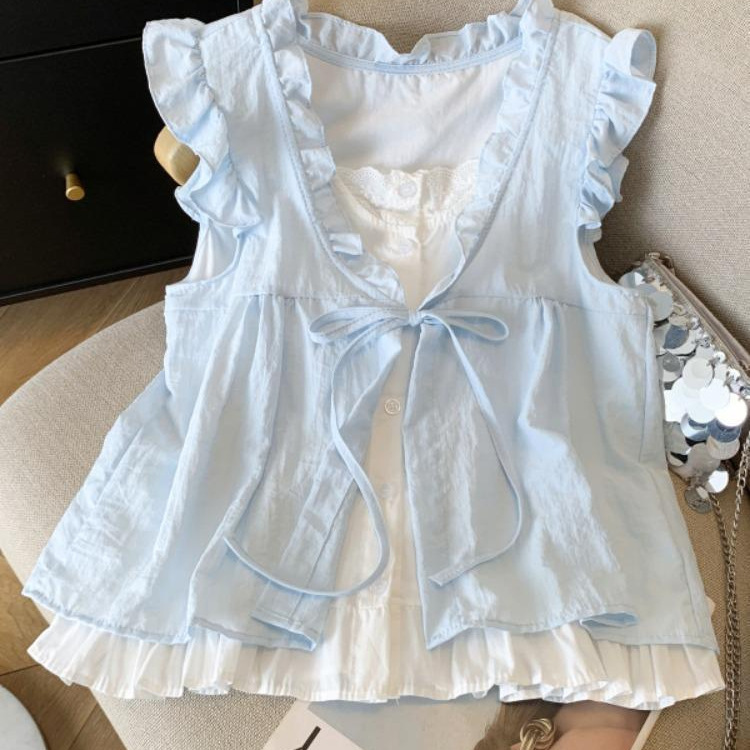 French-Style Ruffled Fake Two-Piece Shirt for Women, Summer 2026 New Model, Age-Reducing Loose Fit with Flutter Sleeves, Doll-Style Blouse French-Style Ruffled Fake Two-Piece Shirt for Women, Summer 2026 New Model, Age-Reducing Loose Fit with Flutter Sleeves, Doll-Style Blouse