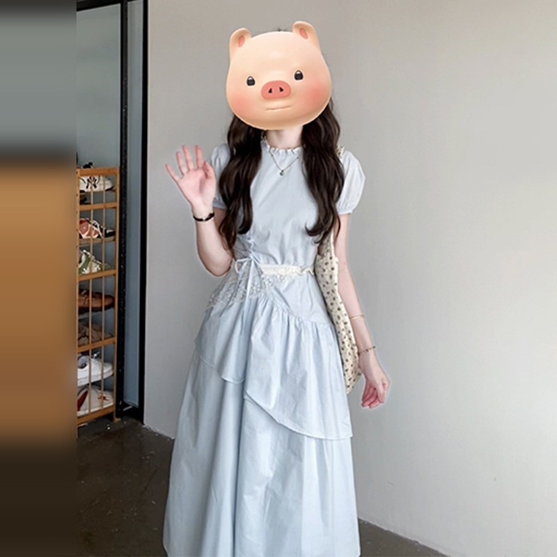 女性のための美しい夏の半袖ドレス 2025 年の新しいスタイルの小さなプリーツ痩身ケーキロングスカート|undefined