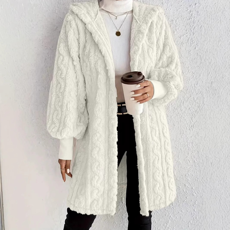 速売通Wish ebay 2025秋冬欧米の女性服の純色の長袖の帽子のゆったりした毛の羽毛の上着の女性|undefined