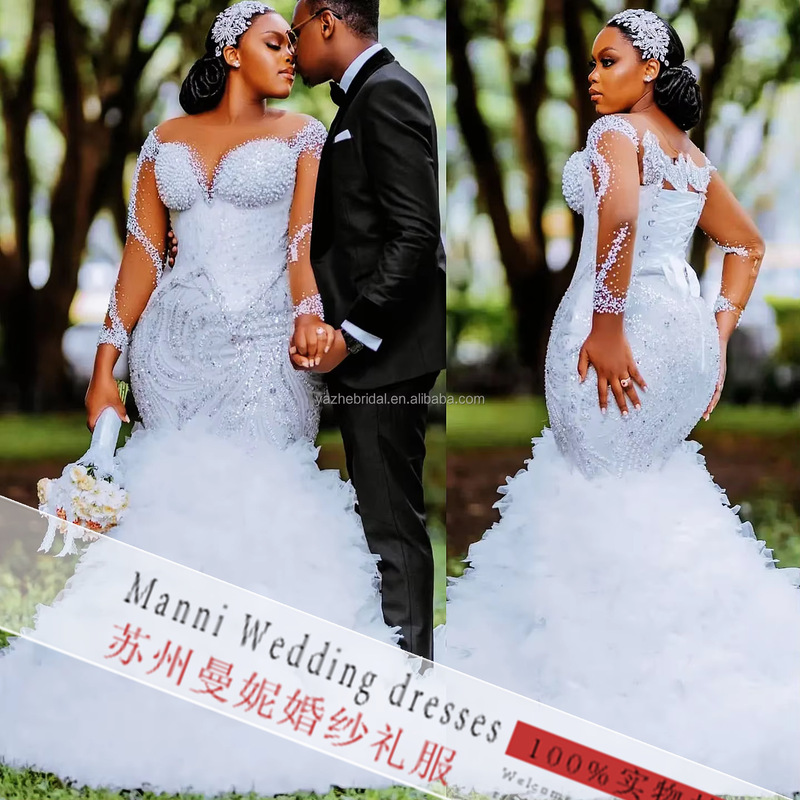 2025 New Export Wedding Dress European and American Cross-Border Bride Wedding Mermaid Lace Long-Sleeved Deep V Wedding Dress