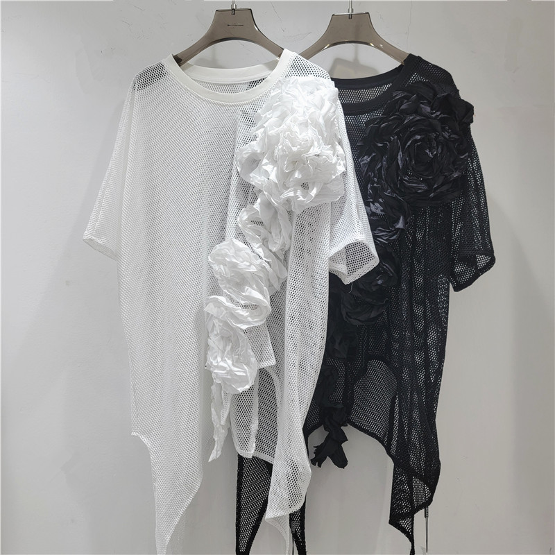 2026 primavera y verano hueco jacquard tridimensional de manga corta mujer delgada suelta alta sensación única camiseta de malla de moda image 1