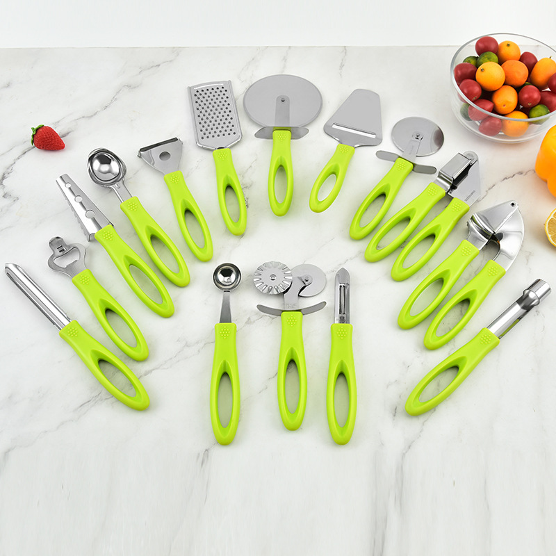 Kitchen Gadgets 15-Piece Set Can Opener Ice Cream More Function Planing Cake Garlic Press Large Hole Handle