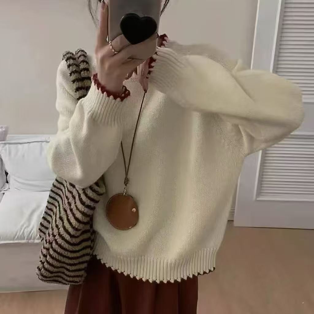 拼色圆领套头毛衣女2025秋冬新款韩版宽松甜美软糯针织衫长袖上衣