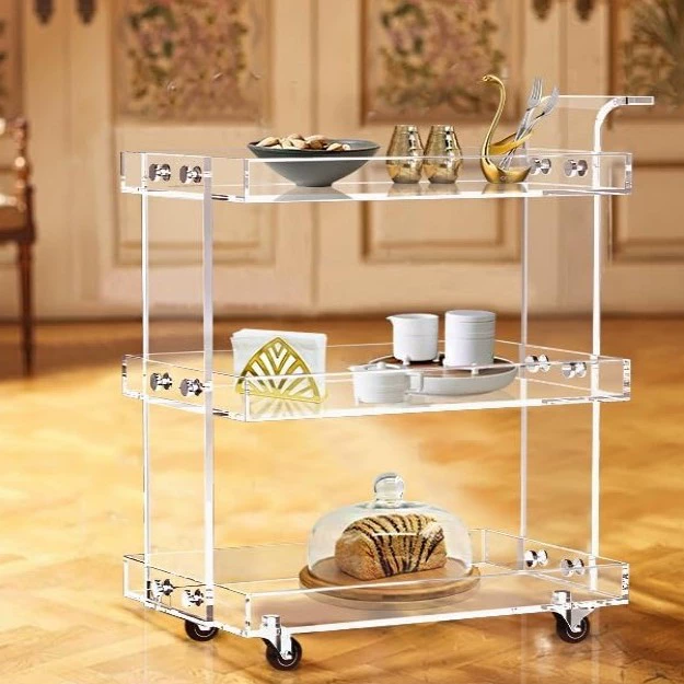 Производители напрямую поставляют новые прозрачные акриловой тележки для хранения, мобильные тележки для баров