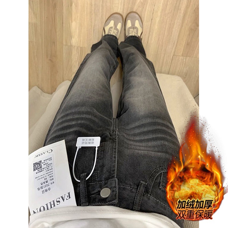 Plus Size Fleece-Lined Thickened Jeans for Women, Autumn and Winter 2025 New Style, Loose Fit, Slimming, High-Waisted, Straight-Leg Wide-Leg Pants for Plus-Size Women